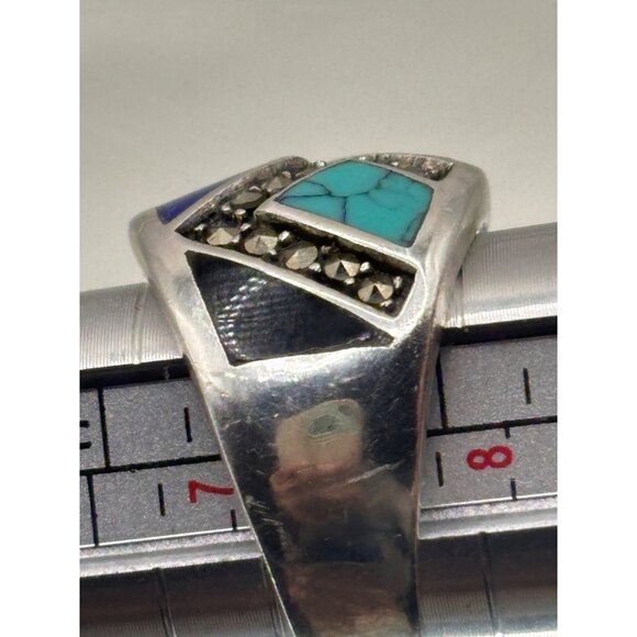 Sterling Silver Ring Multicolor Inlay Gemstones - Turquoise Lapis Onyx 7.5 6g Wt - Picture 8 of 10